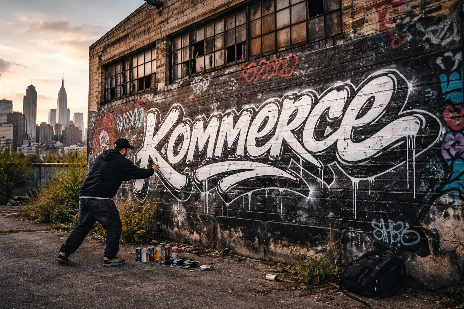 A Picture of someone doing graffiti spray painting kommerce on the side of a building