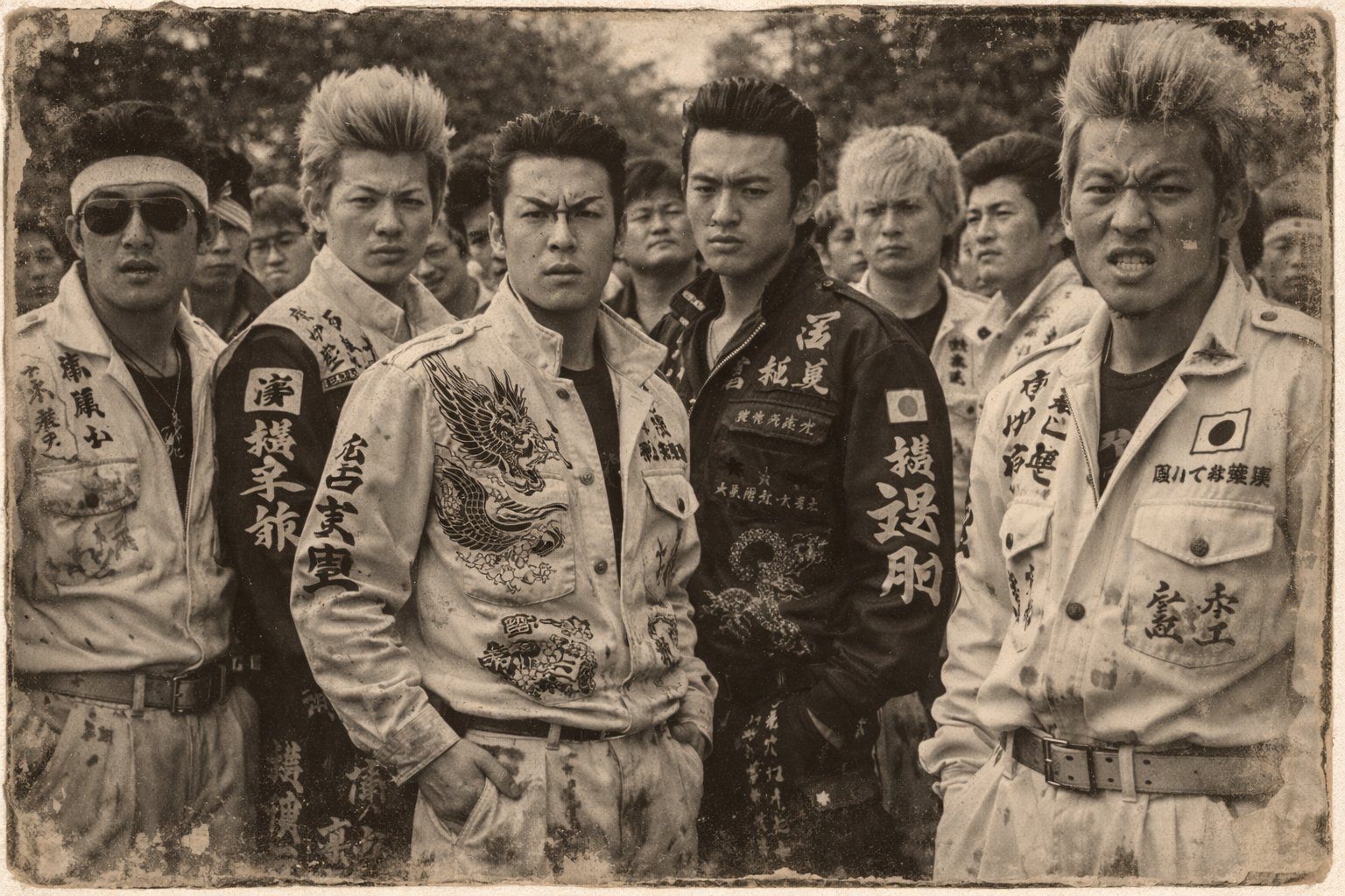 A group of Bōsōzoku members wearing tokkō-fuku