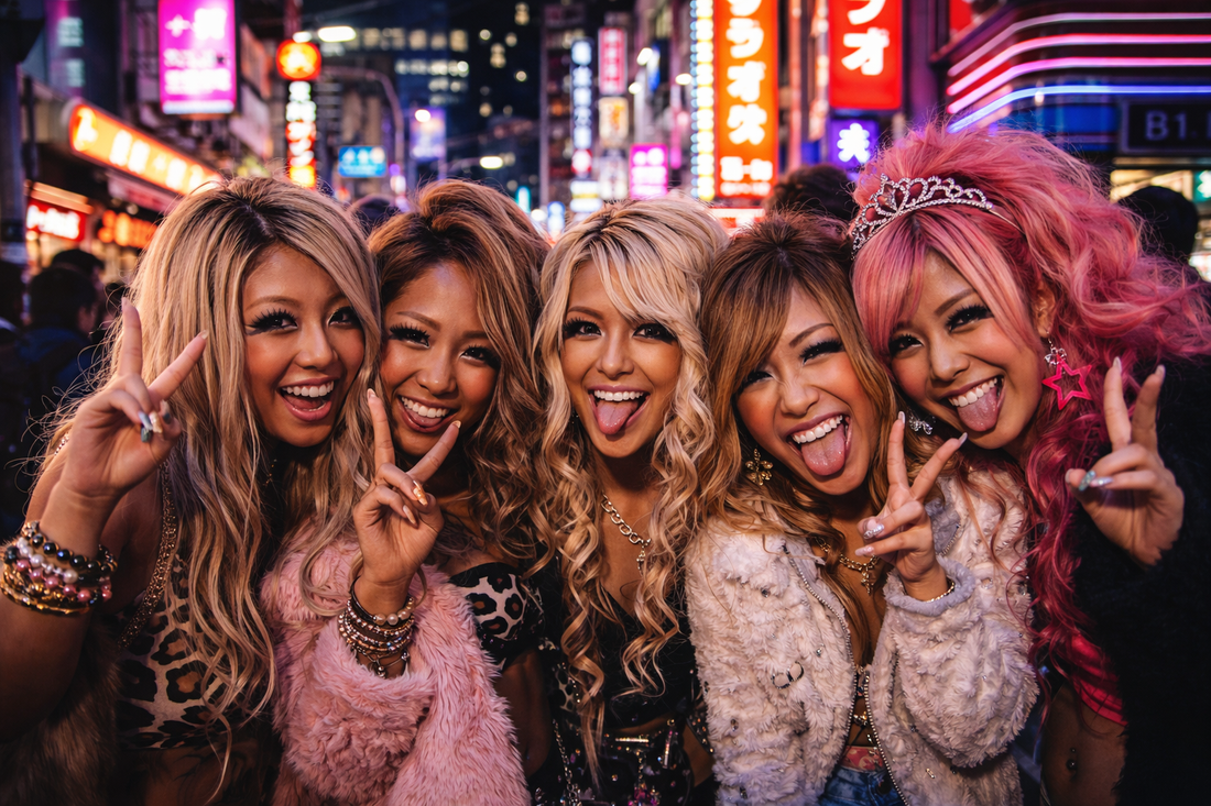 A group of harajuku girl that are part of gyaru scene out in shibuya partying on a saturday night
