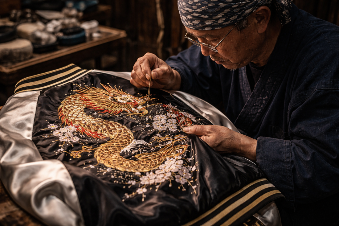 A Japanese man embroidering a sukajan jacket