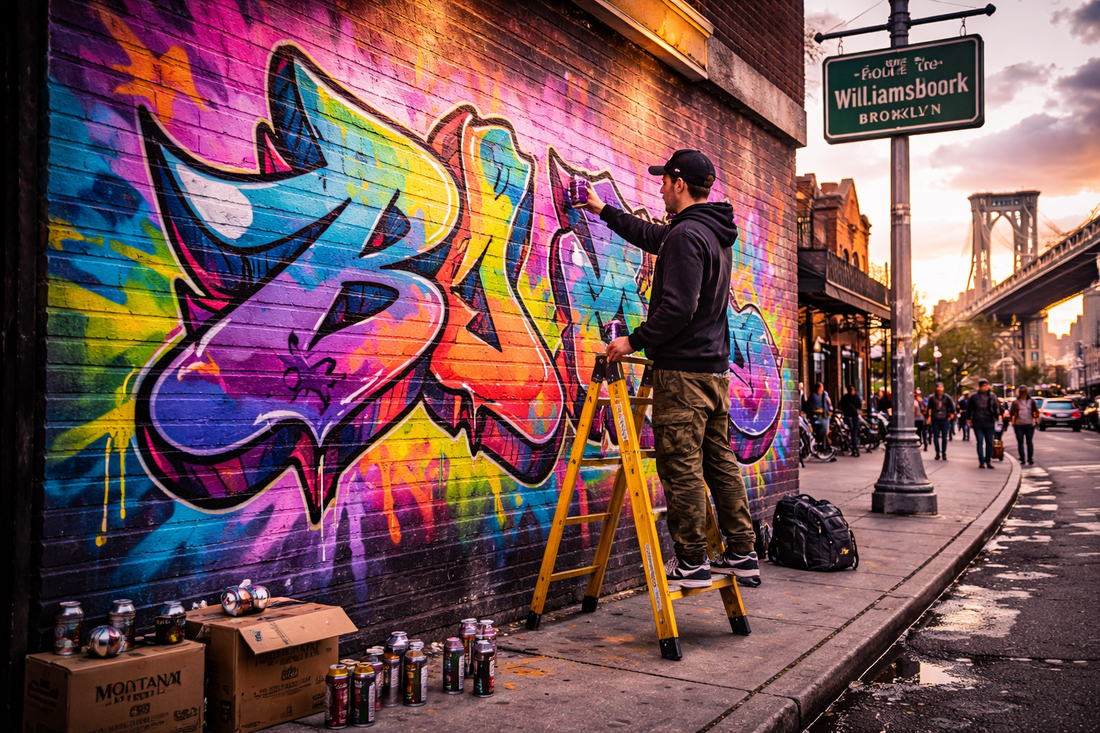 Artist creating a mural in williamsburg brooklyn