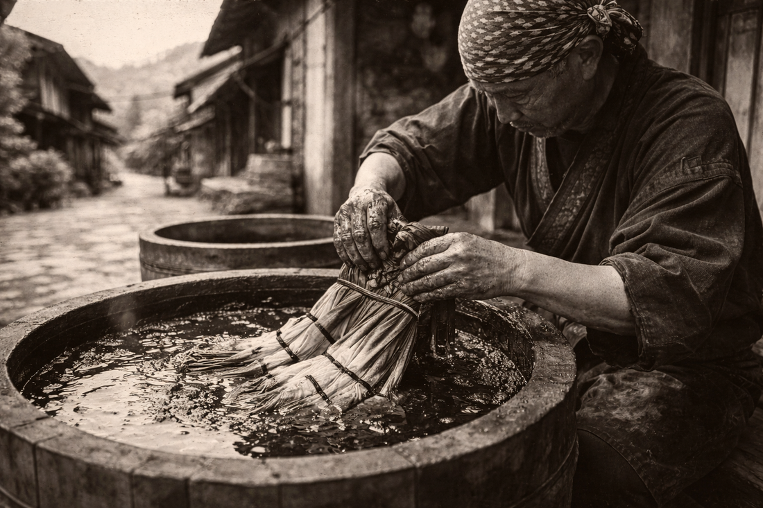 Japanese Man Using Traditional Indigo Dyein Techniques