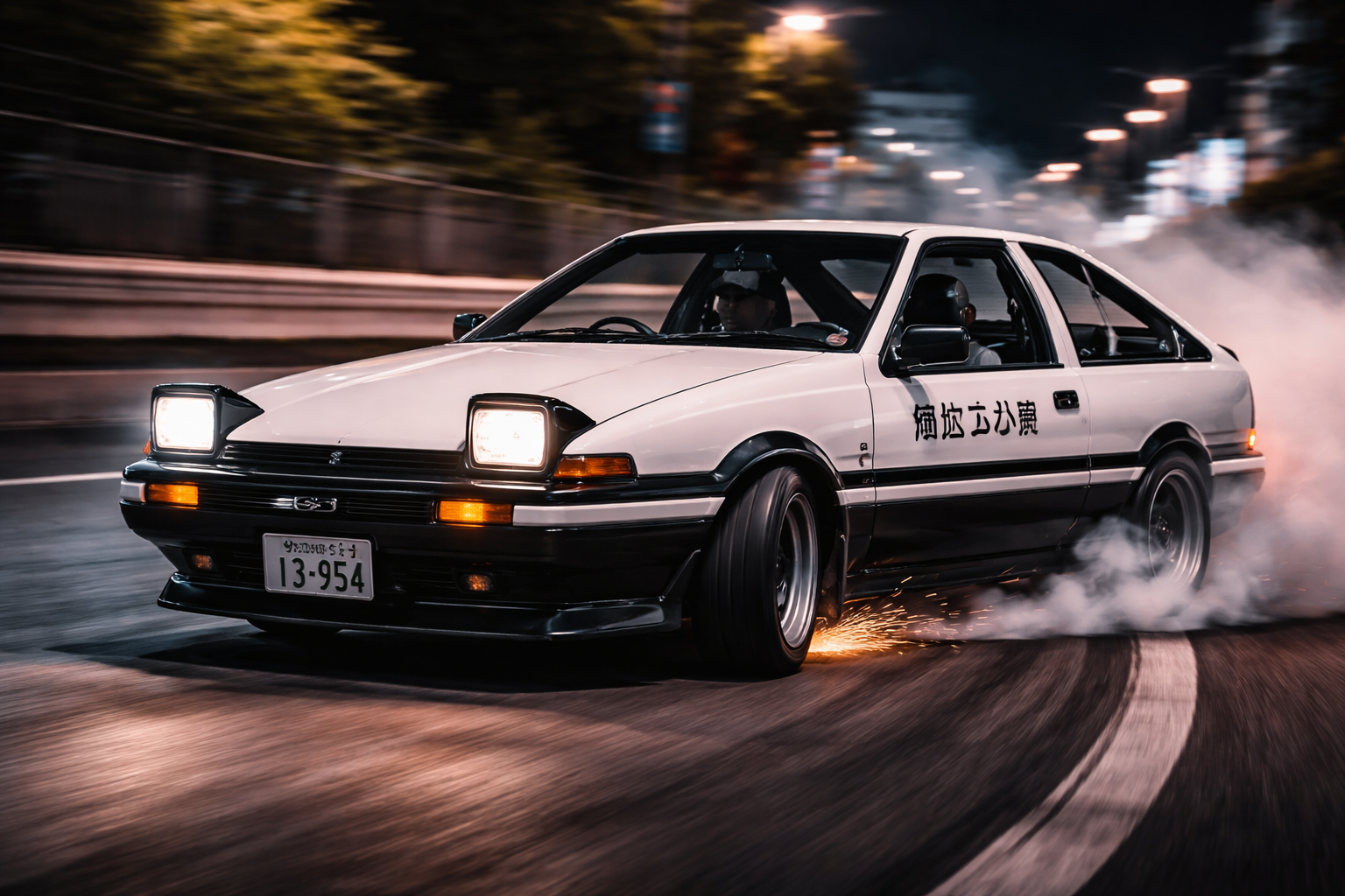 An AE86 drifting on a Japanese Highway