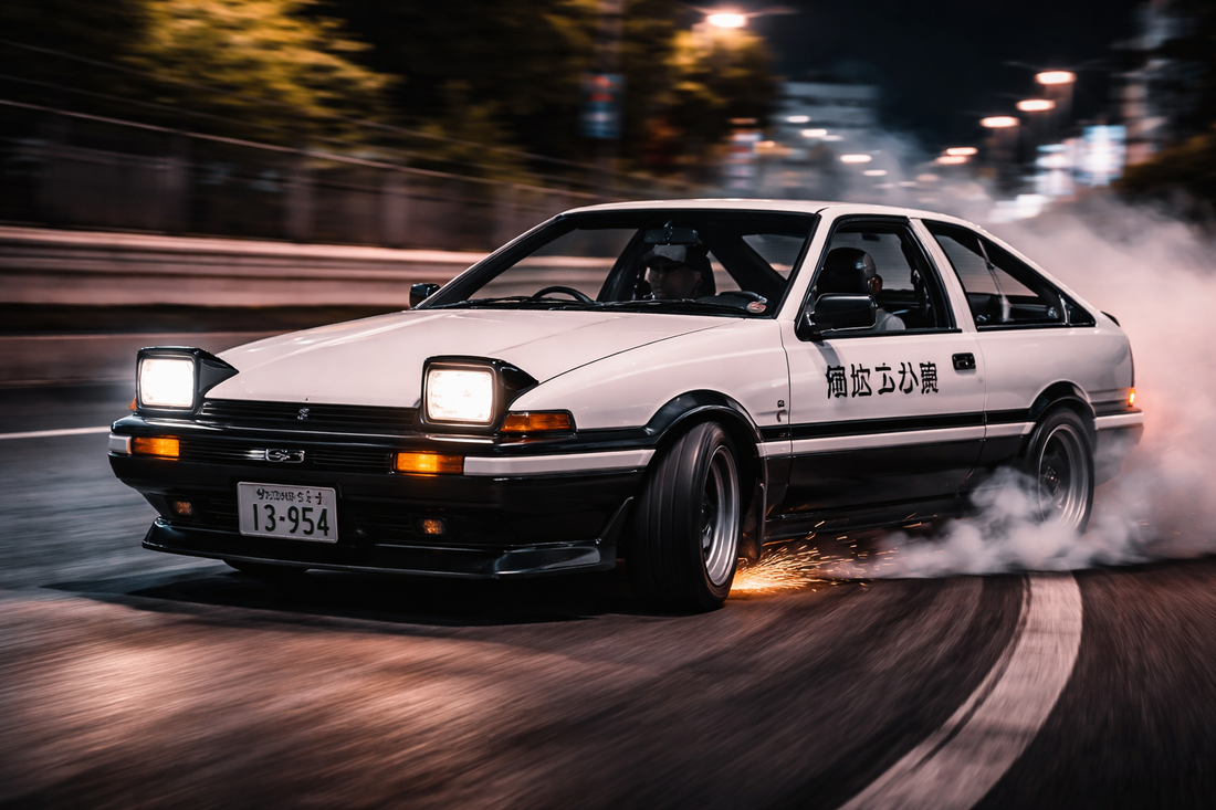A driver drifting in his AE86 on a Japanese Highway