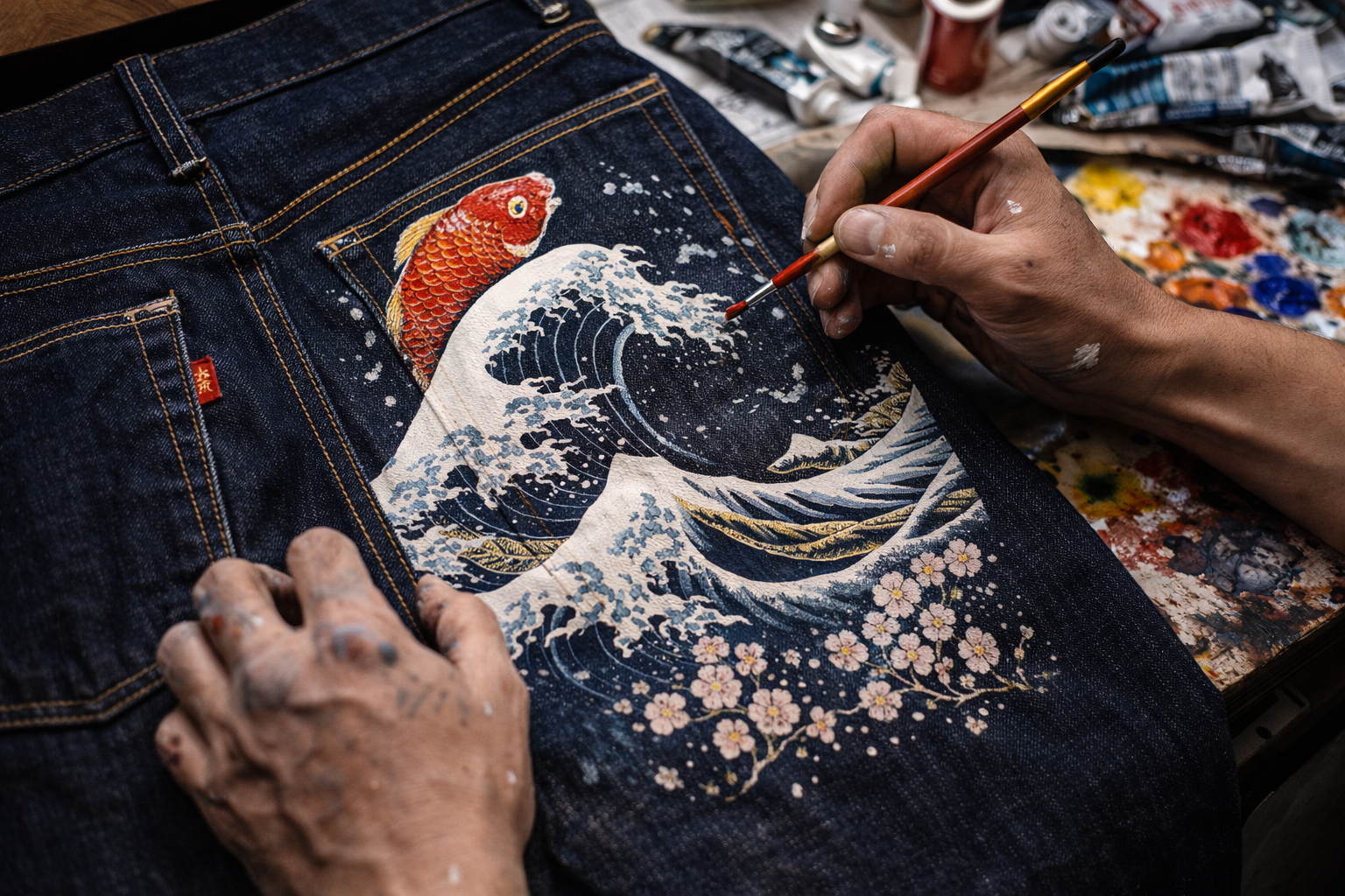 Man Painting a Pair of Evisu Jeans