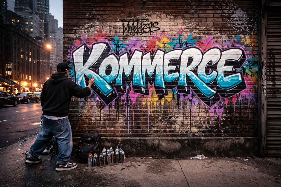 Man spray painting Kommerce on a wall in New York City