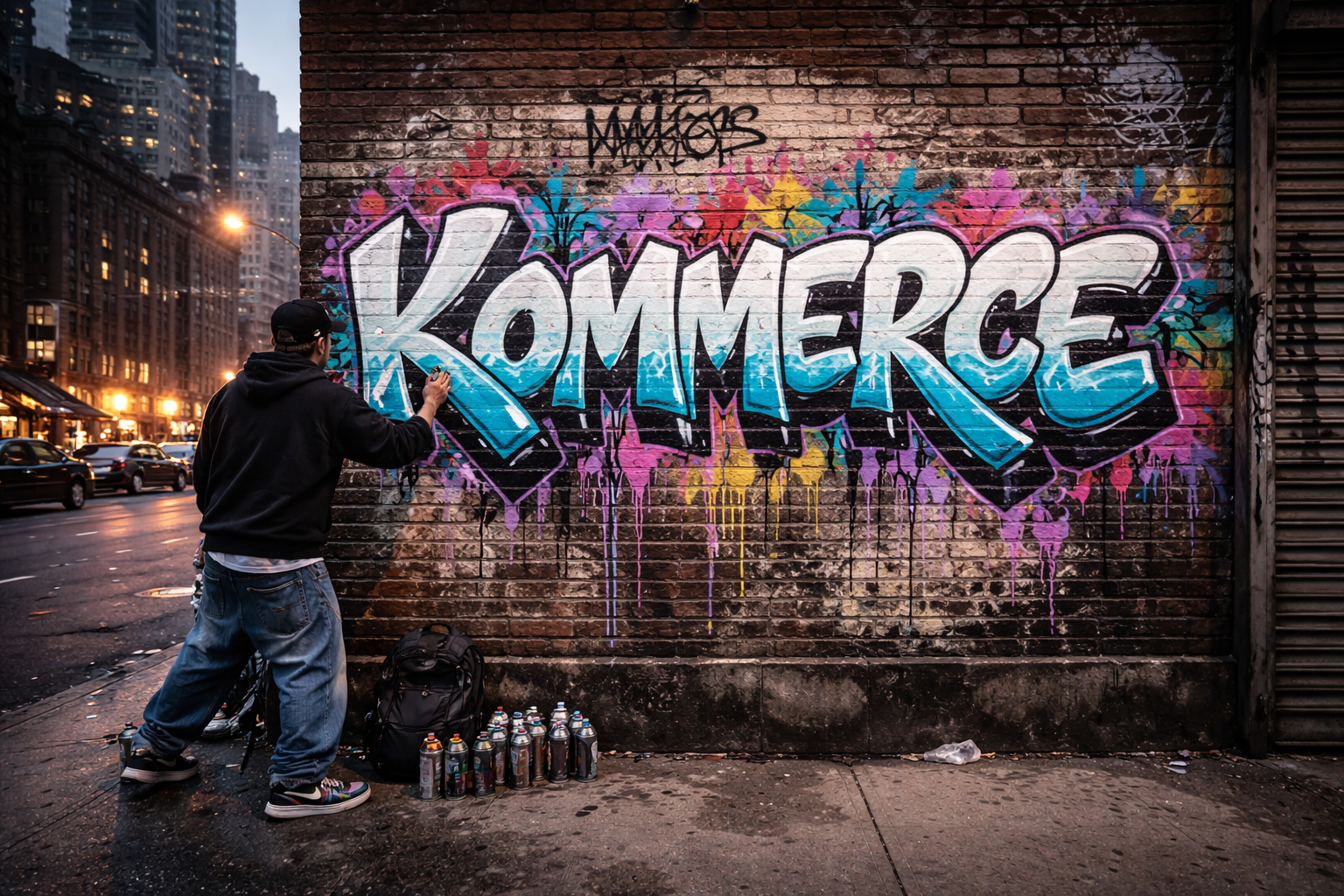 Man spray painting Kommerce on a wall in New York City