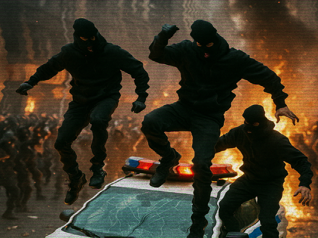 People in streetwear jumping on top of a car in the middle of a protest